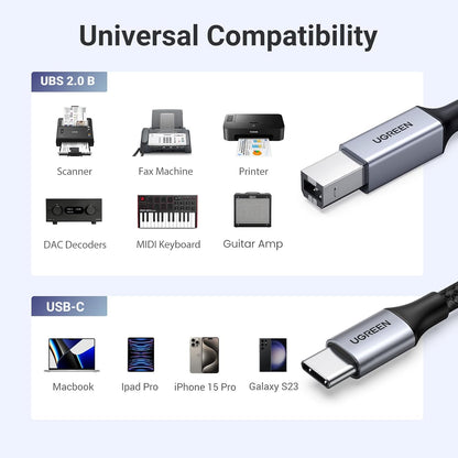 UGREEN USB C Drucker-Kabel Typ C auf A geflochtenes MIDI-Kabel kompatibel mit DJ-Controller, MIDI-Keyboard, digitalem Mischpult, Piano-Keyboard für MacBook Pro, iPad, 1,8 m