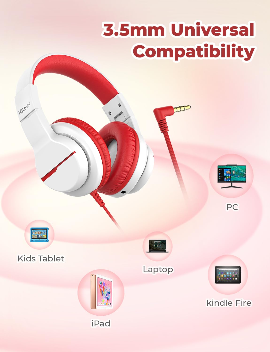iClever Kinderkopfhörer für Schule und Reisen, sichere Lautstärkebegrenzung, HD-Mikrofon, Stereo-Sound Over-Ear-Kopfhörer für Mädchen und Jungen, FunShare Faltbar, 3,5 mm kabelgebunden für iPad Computer, HS19