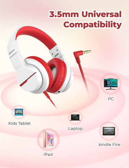 iClever Kinderkopfhörer für Schule und Reisen, sichere Lautstärkebegrenzung, HD-Mikrofon, Stereo-Sound Over-Ear-Kopfhörer für Mädchen und Jungen, FunShare Faltbar, 3,5 mm kabelgebunden für iPad Computer, HS19