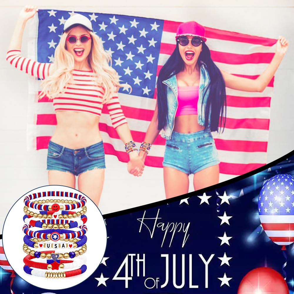 250 Anniversary USA Merchandise 4th of July Outfits for Women Men Teens Red White Blue Clay Beaded Stretch Bracelets USA Patriotic Jewelry 4th of July Accessories