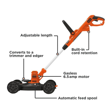 BLACK+DECKER Electric Lawn Mower, Weed Eater and Edger 3-in-1 Combo, Corded 12-Inch 6.5 Amp Electric Weed Wacker and Compact Push Mower (BESTA512CM)