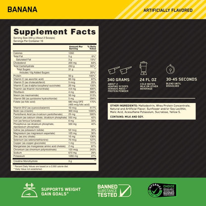Optimum Nutrition Serious Mass Gainer Protein Powder, Banana, 12 Pound