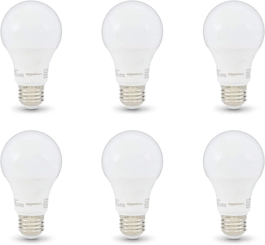 Amazon Basics Soft White LED Light Bulb, A19, 40 Watt Equivalent, Energy Efficient 6W, E26 Standard Base, 2700K, Non-Dimmable, 10,000 Hour Lifetime, 6-Pack