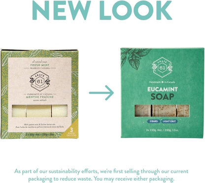 CRATE 61 ORGANICS Vegane Naturseife, handgemachte Seife mit hochwertigen ätherischen Ölen, kaltgepresst für Gesicht und Körper für Männer und Frauen, 3er-Pack (4 oz, Riegel) (Eucamint)