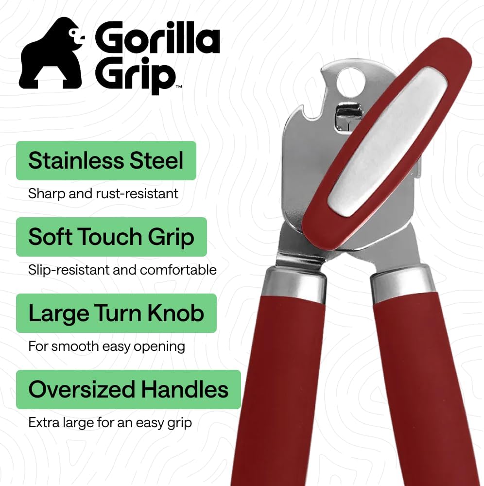 GORILLA GRIP Robuster manueller Dosenöffner, Flaschenöffner aus Edelstahl, öffnet Dosen mühelos, scharfe Klinge mit glattem Schnitt, leicht drehbarer Knopf für Senioren mit Arthritis, Küchenhelfer, Schwarz