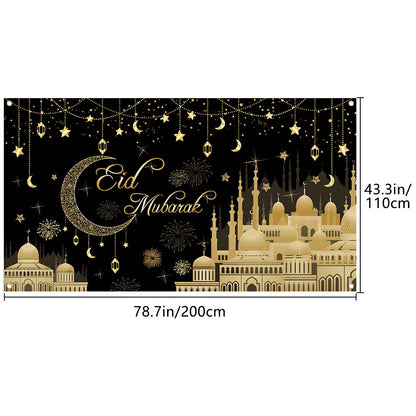 Pancarta Aviski Eid Mubarak de 78 x 43 pulgadas con fondo negro para decoraciones de fiesta musulmana