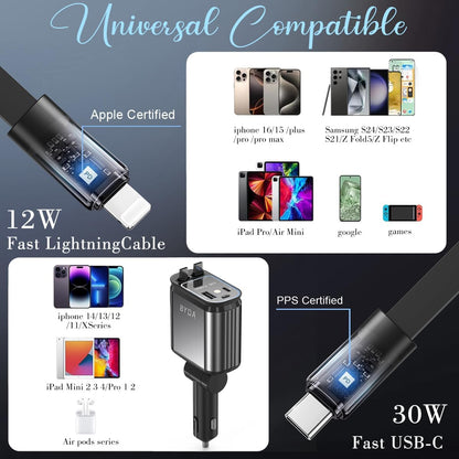4-in-1 einziehbarer Auto-Ladegerät mit Sternenlicht, 69W USB-C Schnell-Ladegerät, für iPhone 17/16/15/14/13/12/11, Android, Pixel, Zigarettenanzünder-Ladegerät (Lightning+USB-C (Regular))