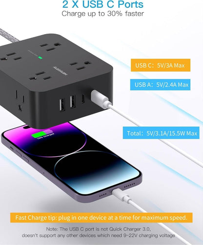 Surge Protector Power Bar - 8 Outlets 4 USB Charging Ports(2 USB C), Power Strip with 5Ft Braided Extension Cord, Flat Plug, Wall Mount Desk USB C Charging Station for Home Office College Essentials