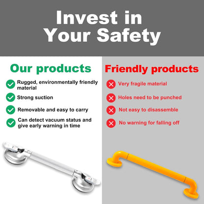 15-Inch Shower Handle - Upgraded Grab Bar with Strong Suction Cups for Bathtub & Shower Safety, Ideal for Seniors, Elderly, Disabled -Silver