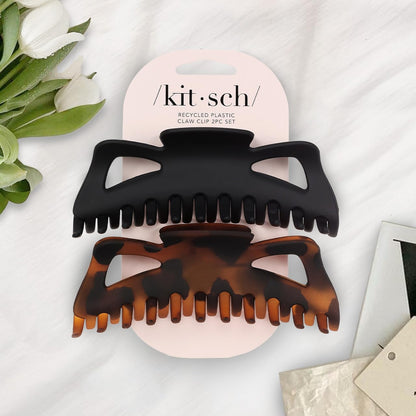 Kitsch Mittelgroße Haarspangen für Damen, starker Halt, Haarclips aus recyceltem Kunststoff für dickes Haar | Ideal für Hochsteckfrisuren, halb offene Frisuren | Ideale Geschenke für Frauen – 2 Stück, Schwarz und Schildpatt