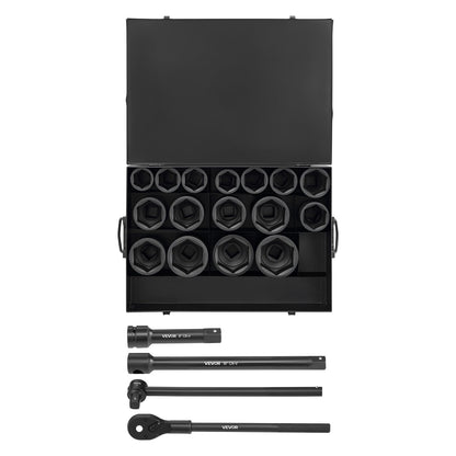 VEVOR 91-Piece 1/2" Drive Impact Socket Set, SAE (5/16" to 1-1/4") & Metric (8 to 32 mm), CR-V, Deep & Shallow, 6 Point, Ratchet Handle, Universal Joint, Adapters, Extension Bars (3, 5, 10 in)