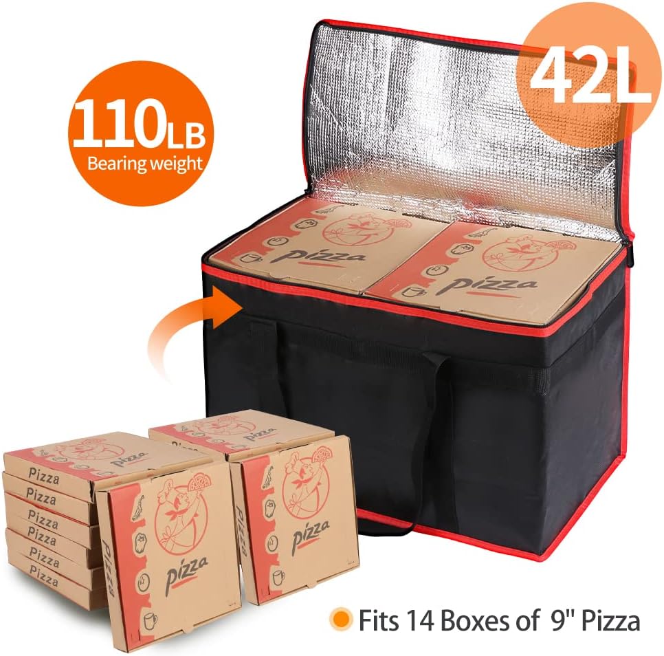 Bodaon Isolierte Essensliefertasche - Warm- & Kalthaltetransporttasche, Catering/Doordash Pizzawärmer, Einkaufstasche, Kühltasche für Partys (Schwarz-Rot, 1 St.), Ideal für den Transport warmer Speisen