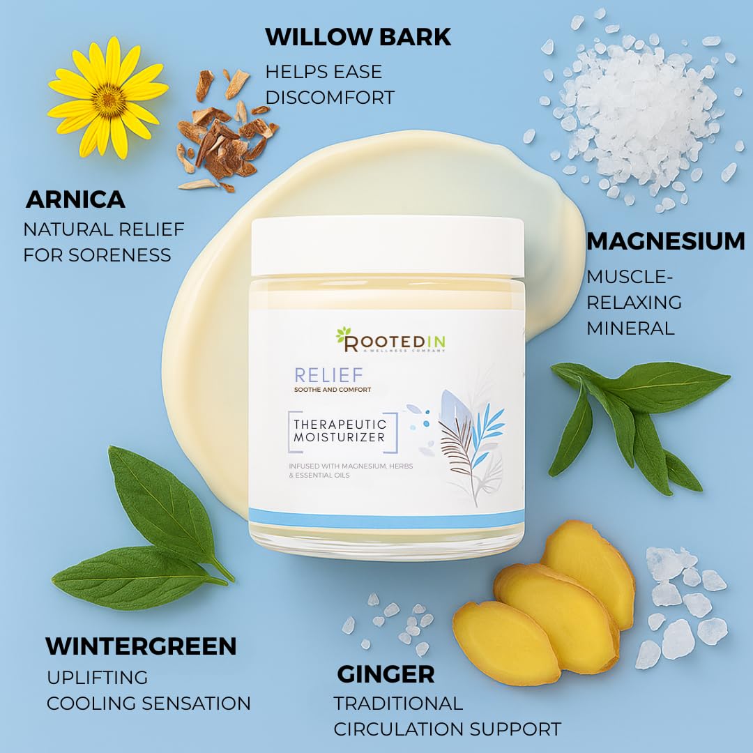 Rooted In Relief Magnesium Cream – 500mg Magnesium Chloride per Teaspoon – Enriched with Arnica, Comfrey & Botanical Blend – Targeted Muscle Support & Topical Relaxation – 4 oz Glass Jar