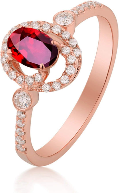 Aienid 18Ct Rose Gold Diamond Engagement Rings Women Oval Ruby with Diamond Engagement Ring for Her
