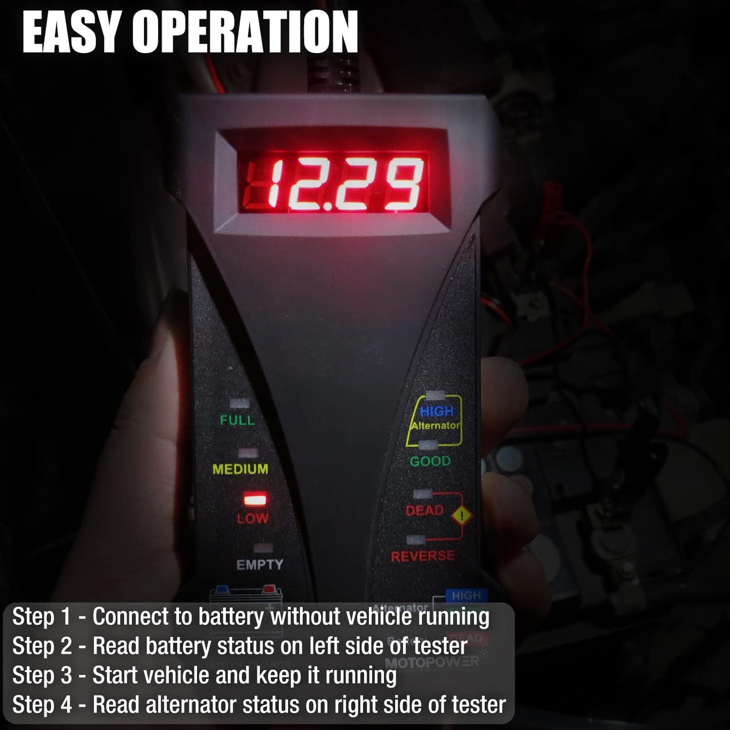 MOTOPOWER MP0514A 12V Digitaler Autobatterietester Voltmeter und Ladesystemanalysator mit LCD-Anzeige und LED-Indikation – Schwarze Gummifarbe