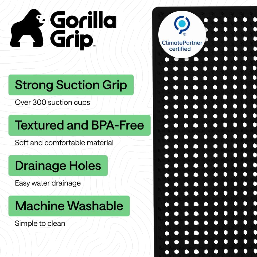 GORILLA GRIP Patentierte Badewannen-Duschmatte, Maschinenwaschbare Badewannenbodenmatte, Saugnäpfe und Abflusslöcher für saubere Wannen, Badezimmer-Essentials, 89x41 cm, Transparent