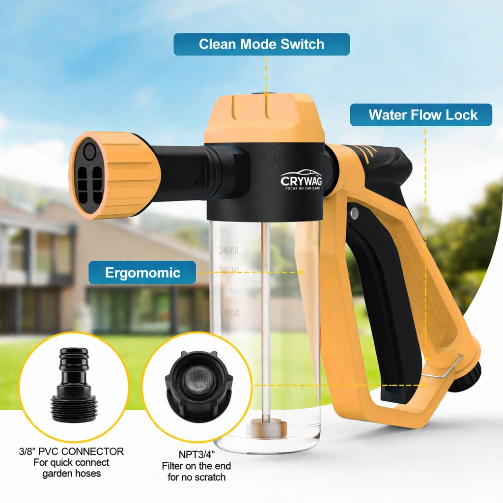 Car Wash Foam Gun for Garden Hose, Foam Cannon Car Wash Kit with Microfiber Wash Mitt, 50% More Water Pressure Nozzle & 3 Spray Modes, Hose Foam Blaster for Cars, Trucks, RV, Motorcycle Cleaning