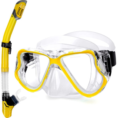 Greatever Dry Snorkel Set,Panoramic Wide View Anti-Fog Scuba Diving Mask,Professional Snorkeling Gear for Adults Kids