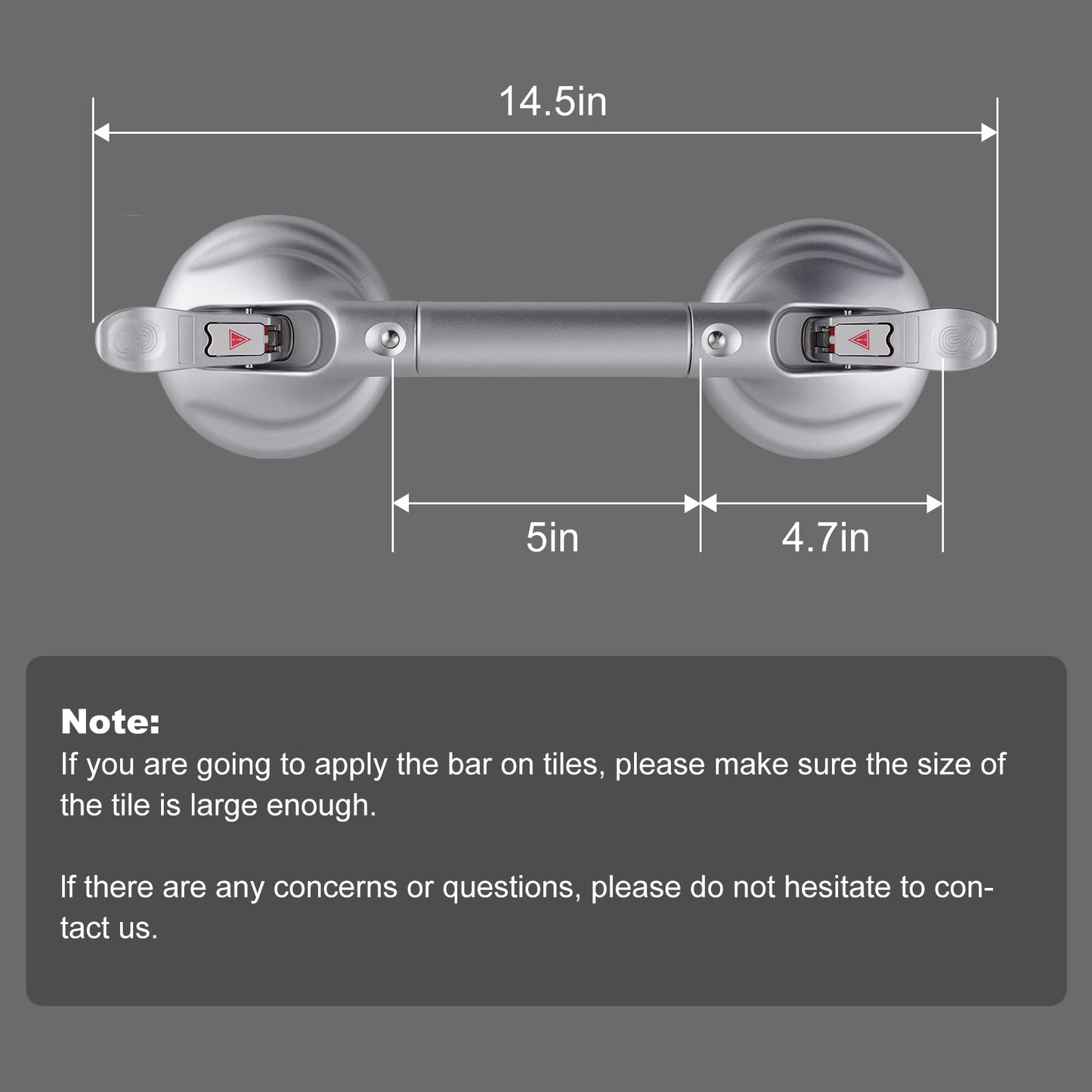 15-Inch Shower Handle - Upgraded Grab Bar with Strong Suction Cups for Bathtub & Shower Safety, Ideal for Seniors, Elderly, Disabled -Silver