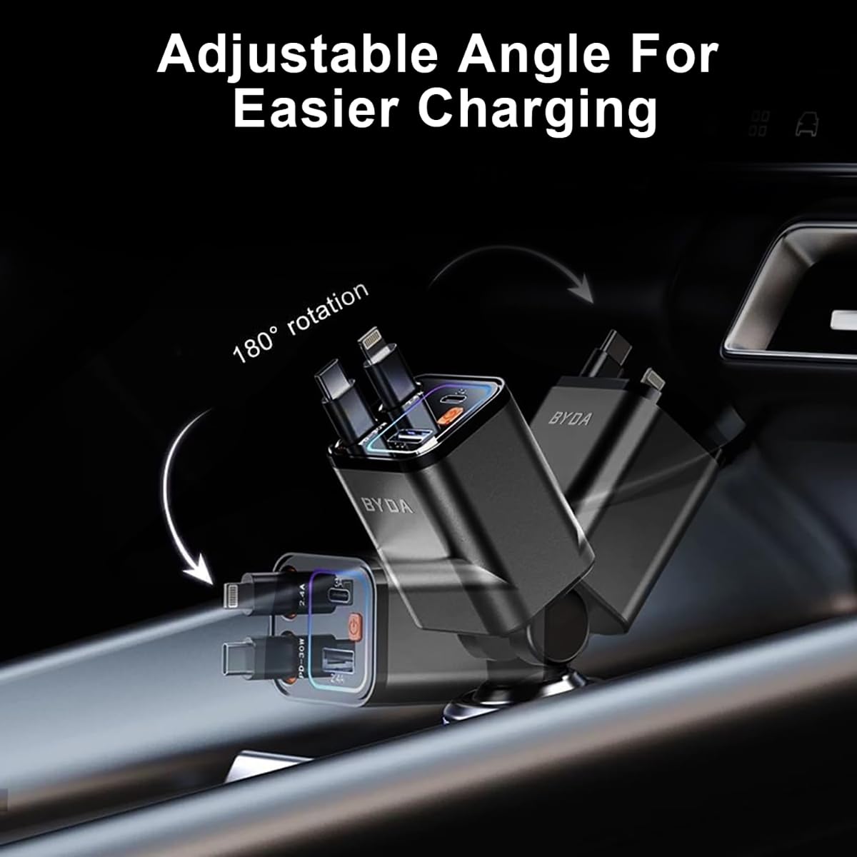 4-in-1 einziehbarer Auto-Ladegerät mit Sternenlicht, 69W USB-C Schnell-Ladegerät, für iPhone 17/16/15/14/13/12/11, Android, Pixel, Zigarettenanzünder-Ladegerät (Lightning+USB-C (Regular))