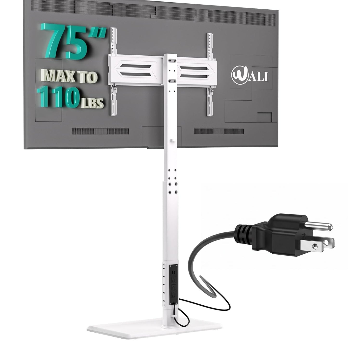 WALI Rolling TV Stand with Power Outlet & AV Shelf, Mobile Tall TV Stand Mount on Wheels for 34-75 inch TV up to 110 lbs, Swivel Height Adjustable TV Cart with Wood Base for Bedroom(TVDVD-6PRW), White