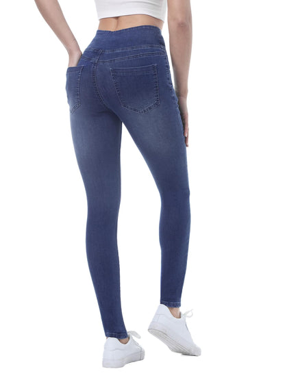 Chasehot Pull-On Skinny Jeans für Damen, dehnbare High-Waist Leggings, trendige Bauchkontrolle, Denim-Jeggings mit Taschen, Dark Wash-L