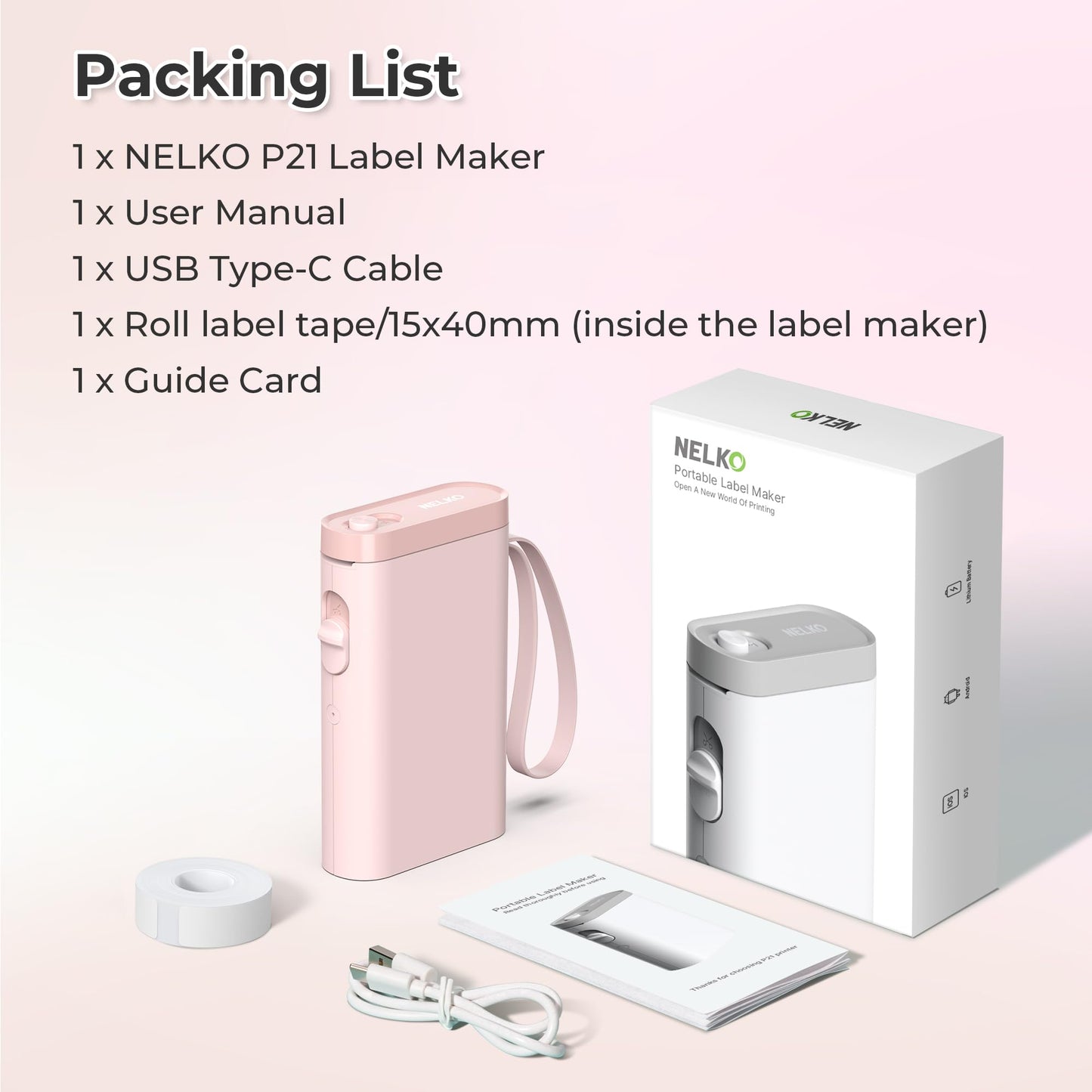 Nelko Etikettendrucker mit Band, P21 Bluetooth-Etikettendrucker, kabelloser Mini-Etikettendrucker mit mehreren Vorlagen für Schule, Büro, Zuhause, Weiß
