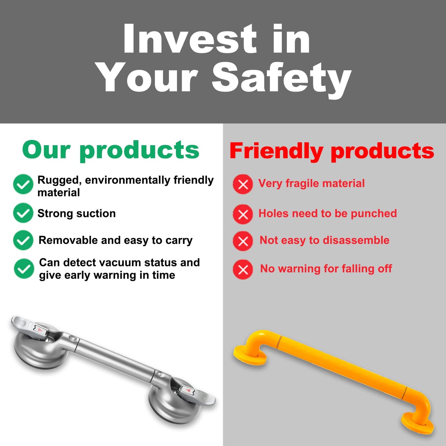 15-Inch Shower Handle - Upgraded Grab Bar with Strong Suction Cups for Bathtub & Shower Safety, Ideal for Seniors, Elderly, Disabled -Silver