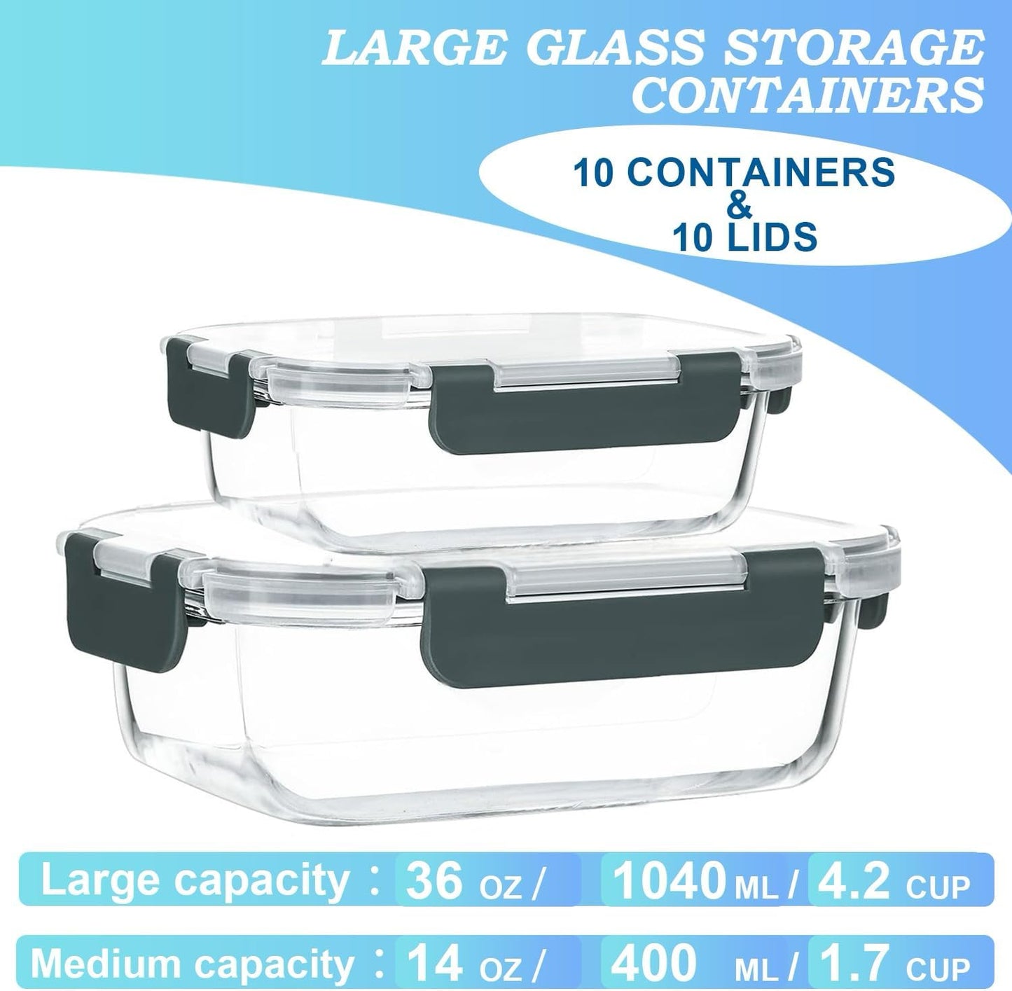 Pure Future 10-teiliges Set (5er-Pack, 1 l) Borosilikatglas-Lebensmittelbehälter mit verbesserten abnehmbaren Verschlussdeckeln – auslaufsichere Essenszubereitungs-Lunchboxen, ofen-/mikrowellengeeignet