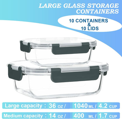 Pure Future 10-teiliges Set (5er-Pack, 1 l) Borosilikatglas-Lebensmittelbehälter mit verbesserten abnehmbaren Verschlussdeckeln – auslaufsichere Essenszubereitungs-Lunchboxen, ofen-/mikrowellengeeignet