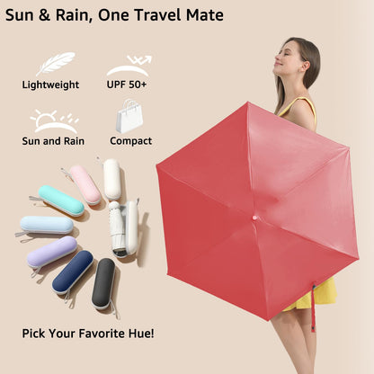 BAODINI Reiseutensilien Mini-Regenschirm für die Handtasche mit Etui Klein Kompakt UV-Sonnenschutz Leicht Winzig Tasche Manuelles Öffnen und Schließen Regenschirm für Damen, Kinder und Herren Passt in Handtasche Rucksack