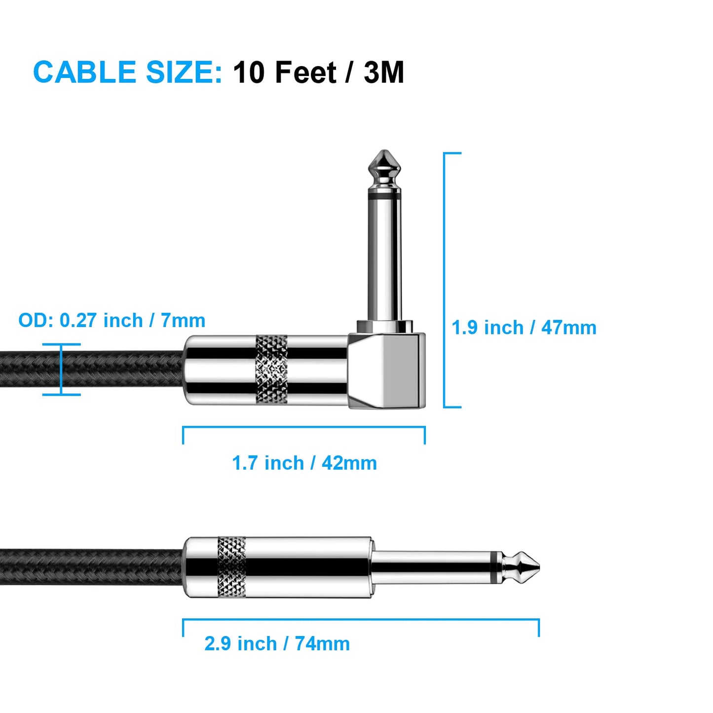 Gitarrenkabel 3m New bee E-Instrumentenkabel Bassverstärkerkabel für E-Gitarre, Bassgitarre, E-Mandoline, Pro Audio (Winkelstecker auf Gerader Stecker, Schwarz)