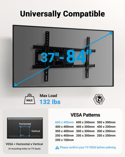 Pipishell TV Wall Mount for 26-74 inch LED LCD OLED 4K TVs up to 99lbs, Full Motion TV Mount Bracket Articulating Swivel Extension Tilting Leveling Max VESA 400x400mm, Fits 12/16 Inch Wood Studs