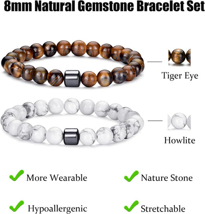 Tigerauge Armband für Herren 8MM Natursteinperlen Armband Set Stretch Lava Stein Armbänder Verstellbares Schwarzes Kristallperlenarmband für Herren Damen Geschenke