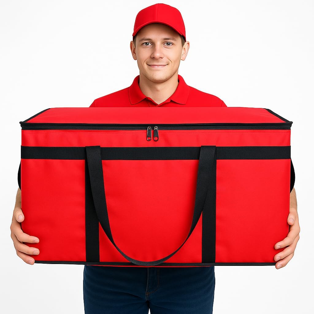 Bodaon Isolierte Essensliefertasche - Warm- & Kalthaltetransporttasche, Catering/Doordash Pizzawärmer, Einkaufstasche, Kühltasche für Partys (Schwarz-Rot, 1 St.), Ideal für den Transport warmer Speisen