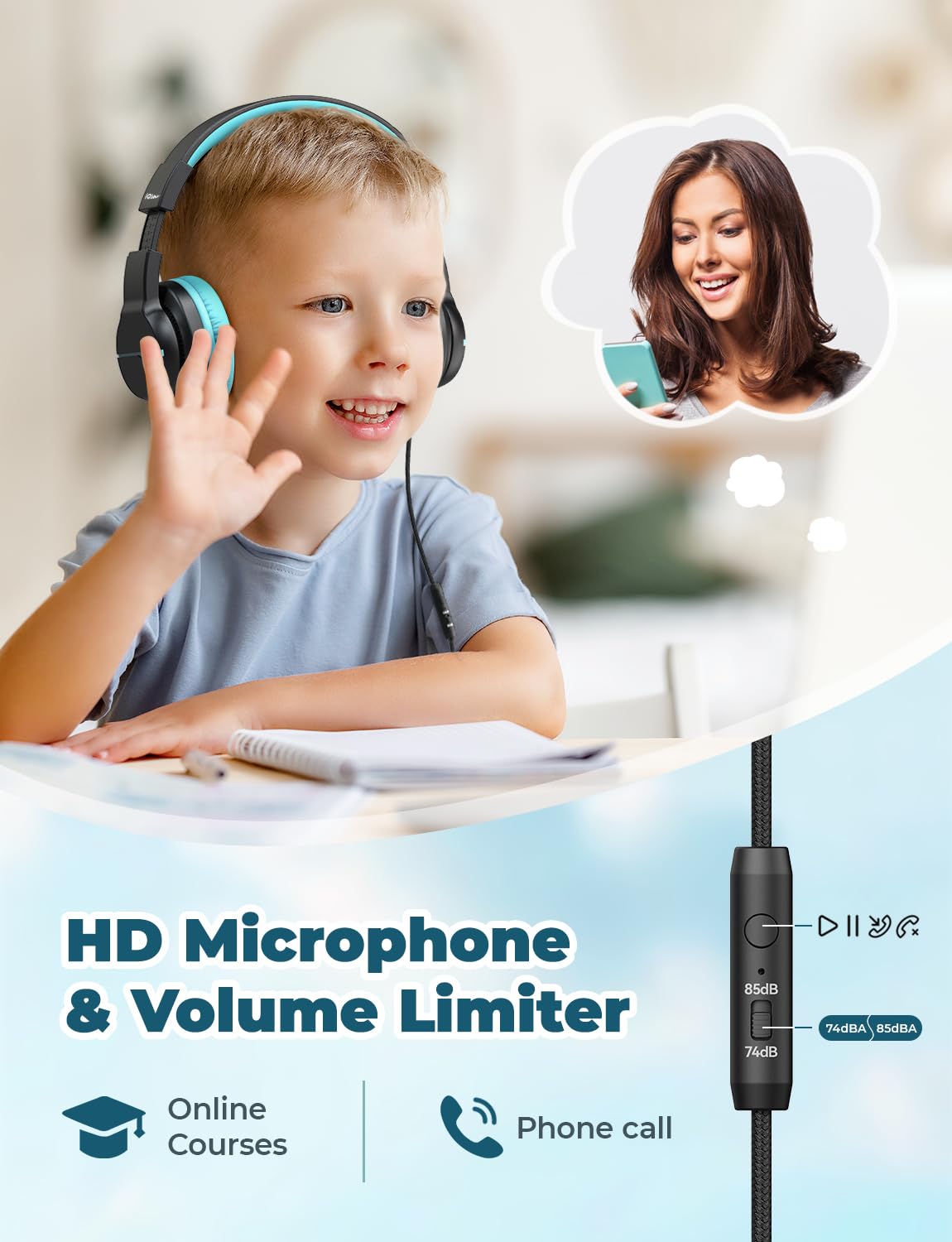 iClever Kinderkopfhörer für Schule und Reisen, sichere Lautstärkebegrenzung, HD-Mikrofon, Stereo-Sound Over-Ear-Kopfhörer für Mädchen und Jungen, FunShare Faltbar, 3,5 mm kabelgebunden für iPad Computer, HS19