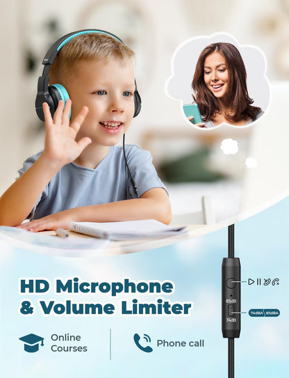 iClever Kinderkopfhörer für Schule und Reisen, sichere Lautstärkebegrenzung, HD-Mikrofon, Stereo-Sound Over-Ear-Kopfhörer für Mädchen und Jungen, FunShare Faltbar, 3,5 mm kabelgebunden für iPad Computer, HS19
