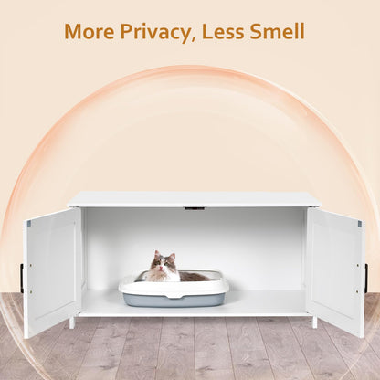 Homhedy Cat Litter Box Enclosure, Wooden Cat Washroom Furniture with Barn Door, Pet House, Fit Most of Litter Box, White