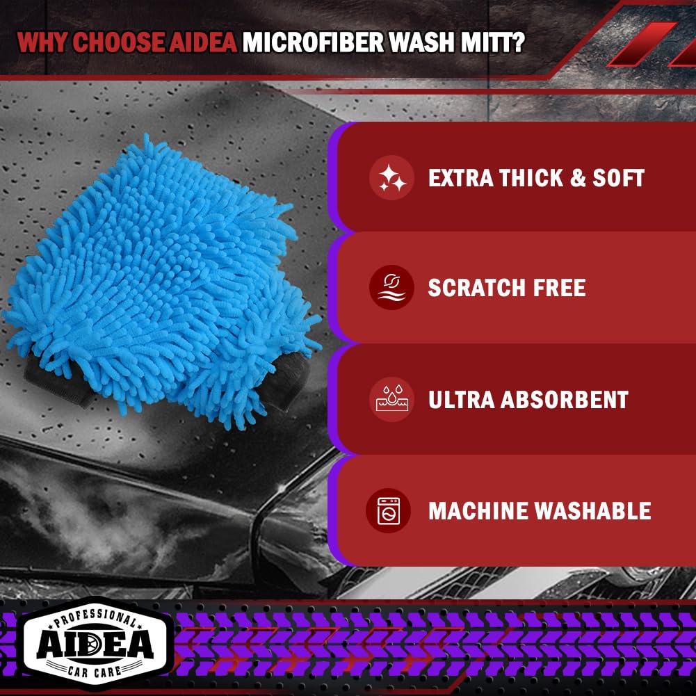 AIDEA Car Wash Mitt Microfiber, 2PK Scratch Free Lint-Free, Premium Chenille Microfiber Mitt Car Wash Brush, Green, Regular Size 7.12''X10.14''