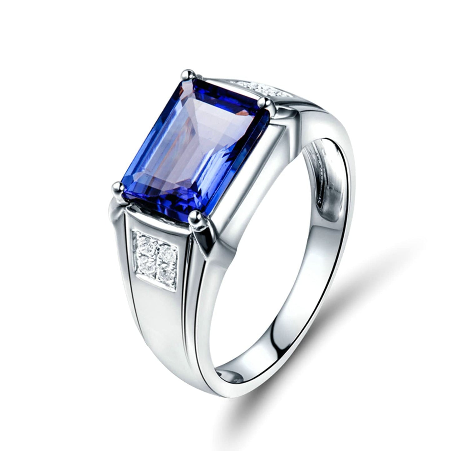 Aienid 18K Women Engagement Ring White Gold 4ct Rectangular Cut Tanzanite with 0.12ct Diamond Wedding Bands for Womens