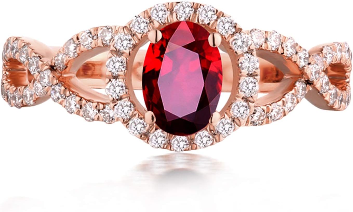 Aienid 18Ct Rose Gold Wedding Bands Oval Ruby Hollow Twisted Ring with White Diamond Engagement Ring for Her