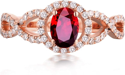 Aienid 18Ct Rose Gold Wedding Bands Oval Ruby Hollow Twisted Ring with White Diamond Engagement Ring for Her