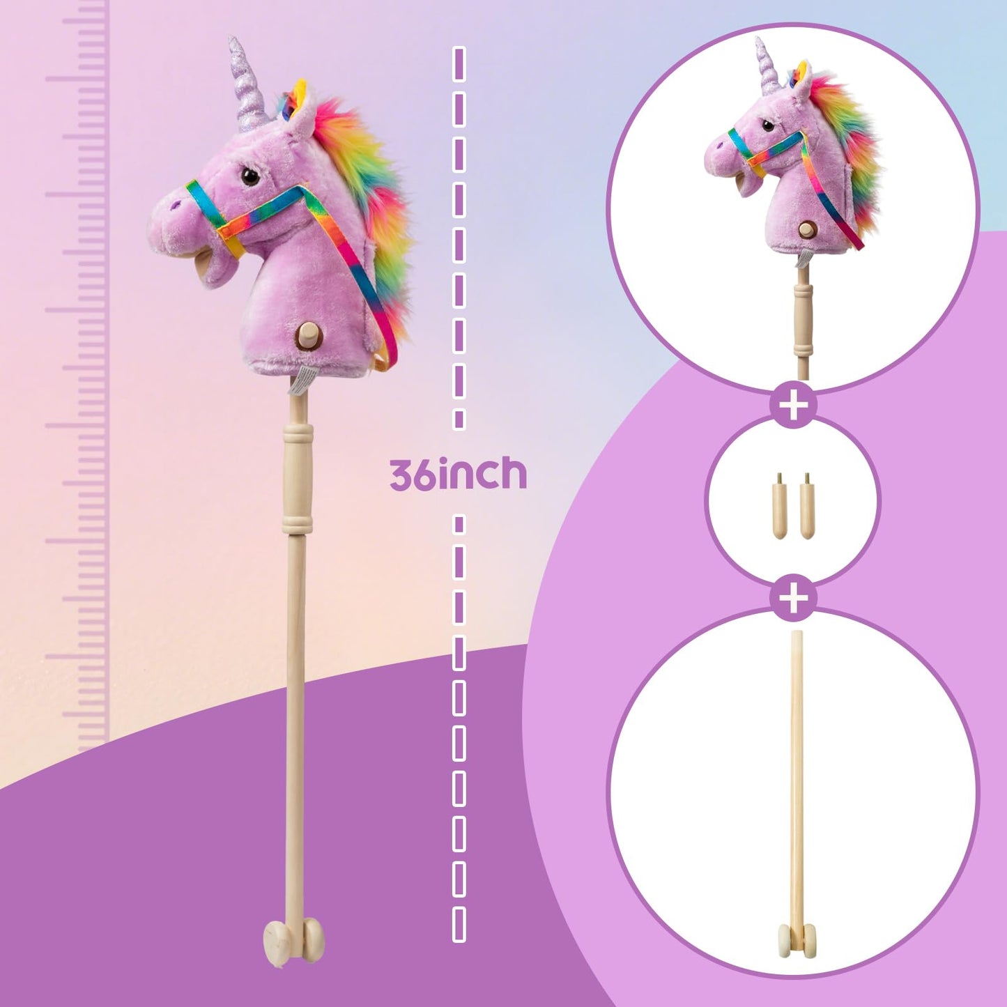 HollyHOME Plüsch Einhorn Steckenpferd mit Holzrädern Echten Pony Wiehern und Galoppieren Geräuschen Plüschtier Rosa 94 cm (AA Batterien Benötigt)