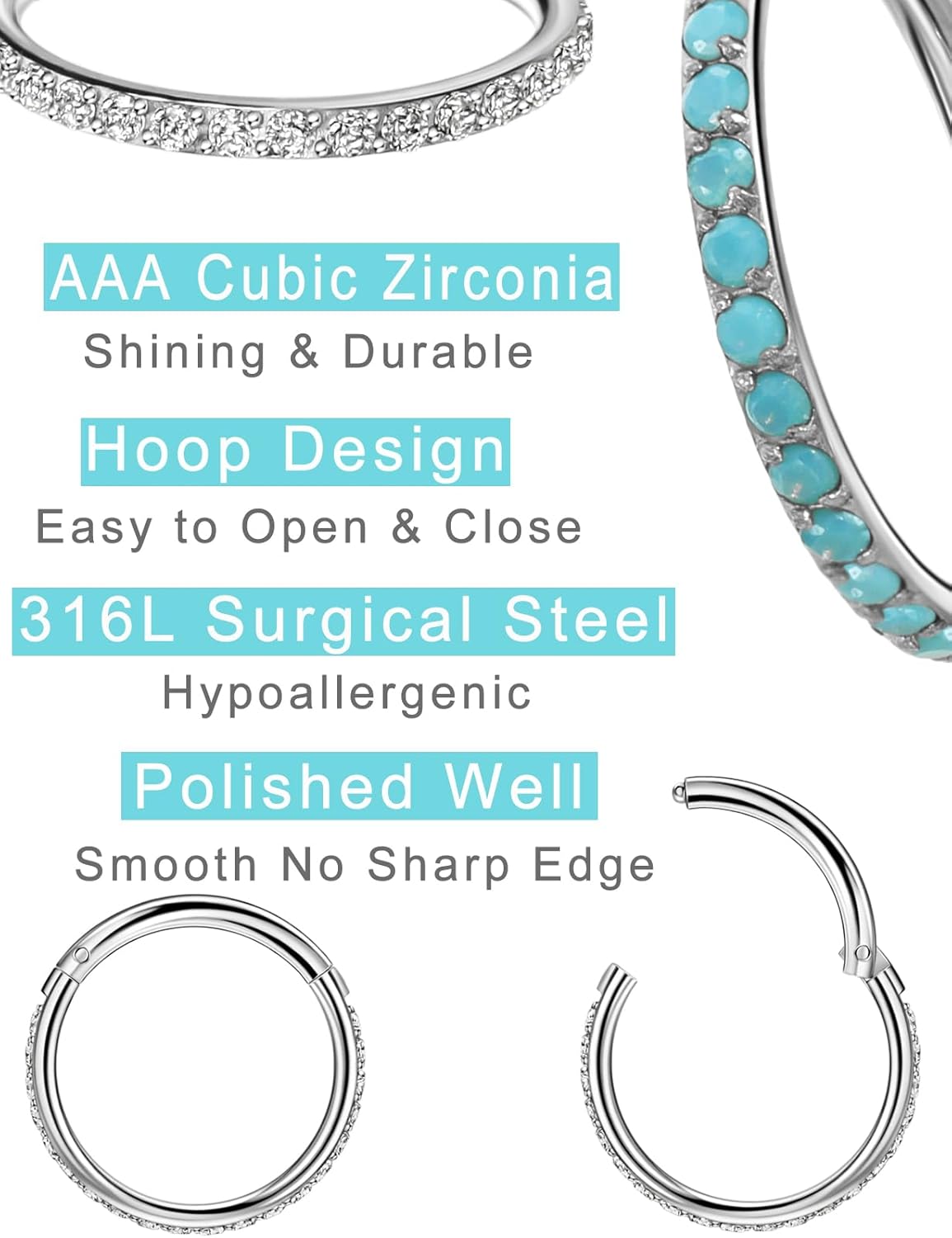 TDEBA Conch Piercing Schmuck, 316L Chirurgenstahl Segment Nasenring, CZ Knorpel Ohrringe, Lippenring, Segment Helix Rook Nahtloser Clicker Piercing Schmuck