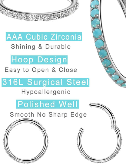 TDEBA Conch Piercing Schmuck, 316L Chirurgenstahl Segment Nasenring, CZ Knorpel Ohrringe, Lippenring, Segment Helix Rook Nahtloser Clicker Piercing Schmuck