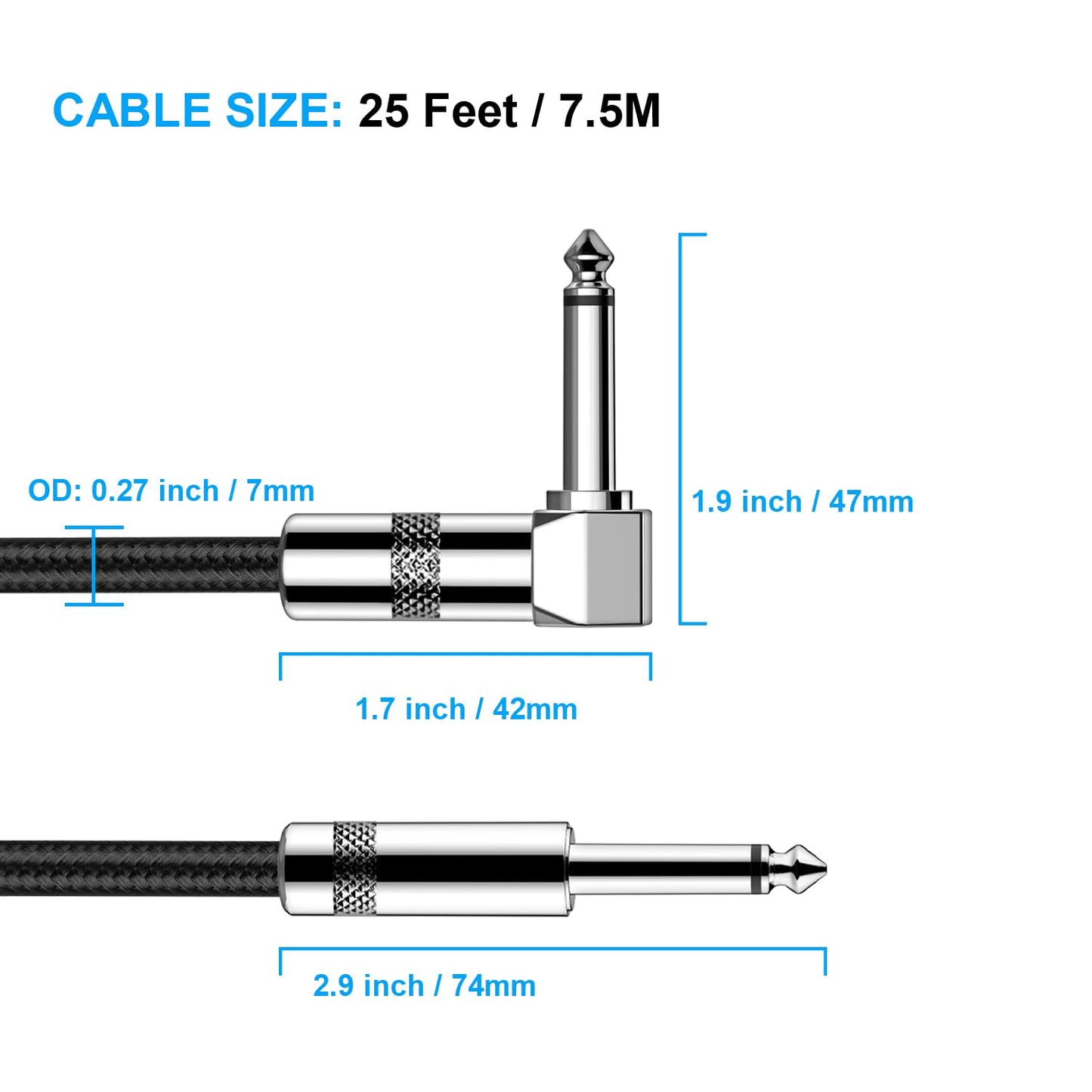 Gitarrenkabel 3m New bee E-Instrumentenkabel Bassverstärkerkabel für E-Gitarre, Bassgitarre, E-Mandoline, Pro Audio (Winkelstecker auf Gerader Stecker, Schwarz)