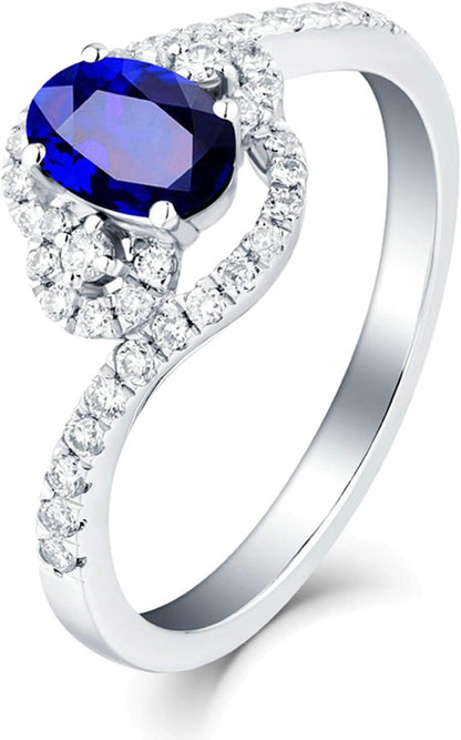 Aienid 18Ct White Gold Promise Ring Oval Cut Blue Sapphire with Diamond Engagement Ring for Her