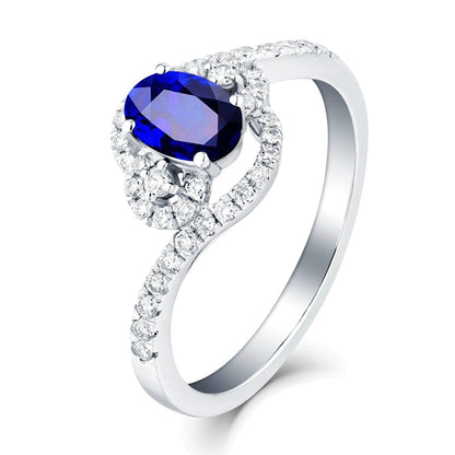 Aienid 18Ct White Gold Promise Ring Oval Cut Blue Sapphire with Diamond Engagement Ring for Her