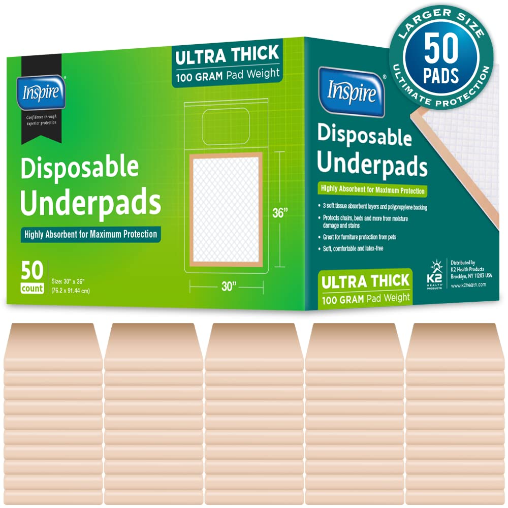 Inspire Super Absorbent Disposable Bed Pads for Chronic Incontinence Ultra Thick and Absorbent Bed Pads Disposable Adult | Pee Pads for Adults (36" X 36" Pack of 50) XX Large