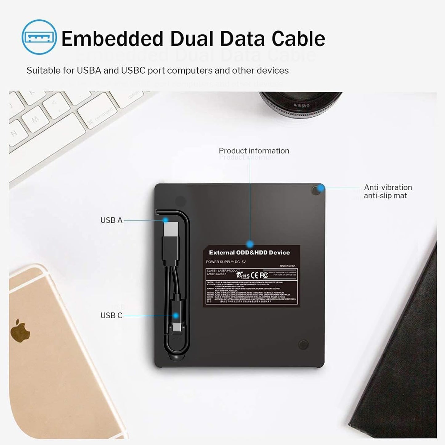 ORIGBELIE externes DVD-Laufwerk, CD-Laufwerk USB 3.0 Typ-C CD/DVD ROM +/-RW Adapter mit USB-Anschluss DVD-Brenner für Laptop, PC, Desktop-Computer, optisches Laufwerk CD-Player kompatibel mit Mac Windows Linux